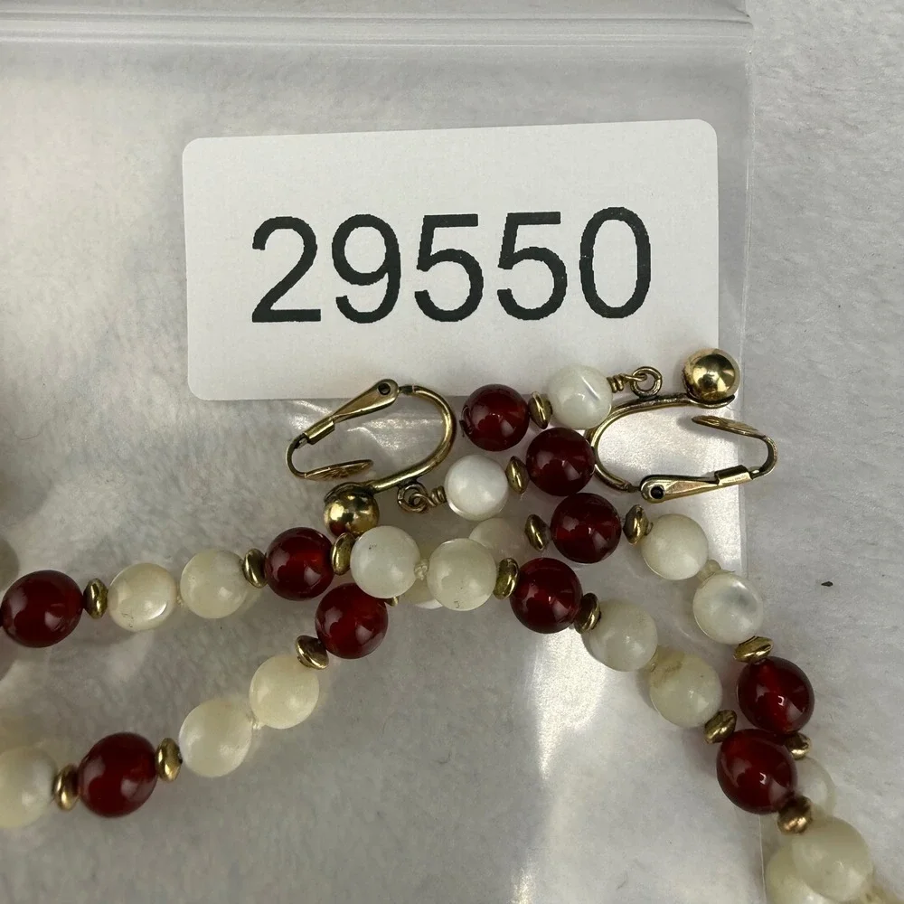 Vintage  Necklace Earring Set Red White Beaded Gold Tone 6mm 17
